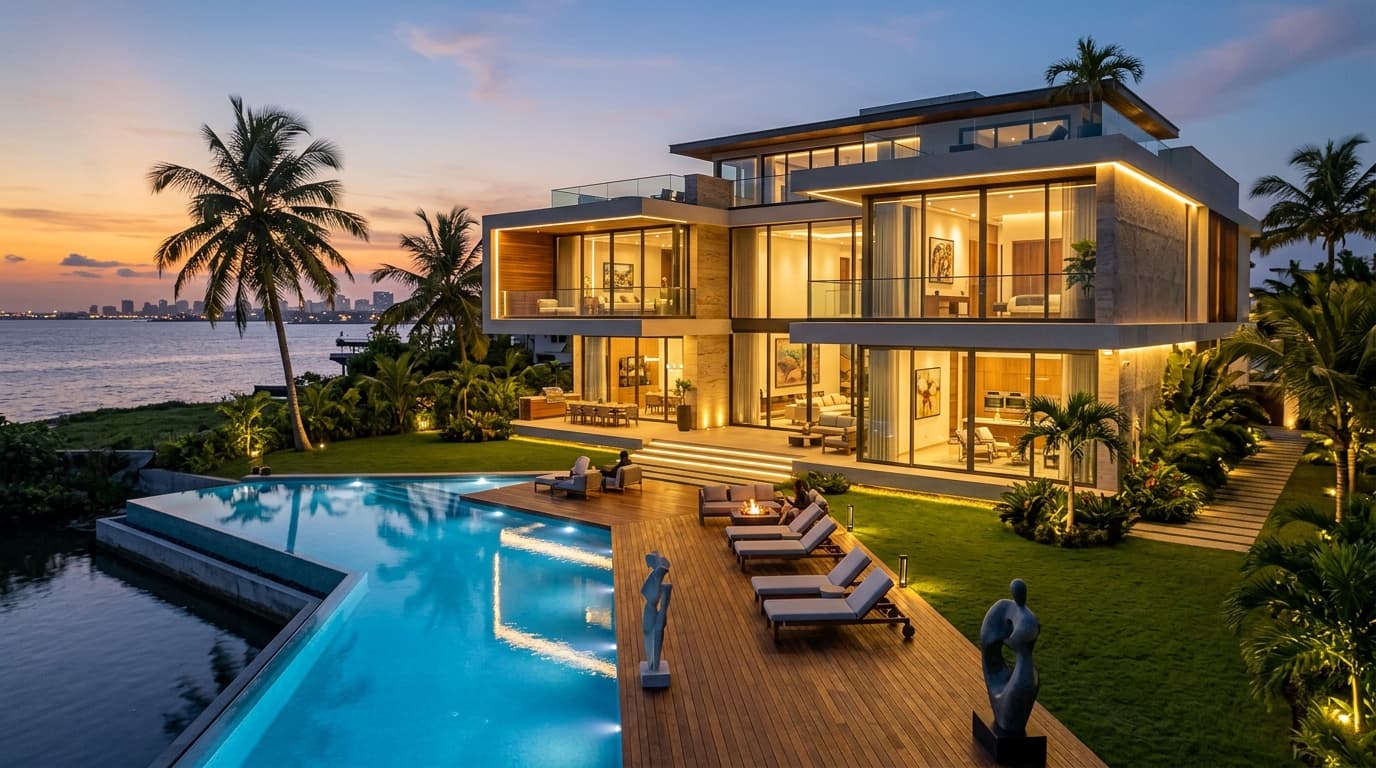 Modern luxury property exterior with warm evening lighting.
